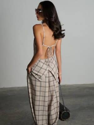 חליפת מכנס מנילה משובץ בז׳ 2